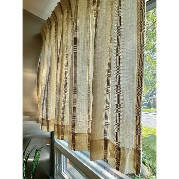 Vintage 70s pleated curtain, beige brown lined woven panel, striped, per panel - Picture 3 of 10